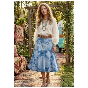 Ganni Blue Tie-Dye Denim Midi Skirt